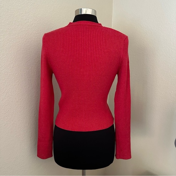 By Anthropologie V-Neck Strappy Ribbed Buttons Up Red Crop Cardigan Sweater Sz M - Picture 9 of 13